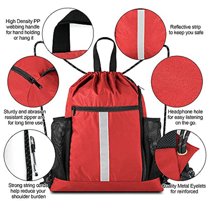 BeeGreen Red Drawstring Backpack Gymsack Bag with Shoe Compartment and Two Side Mesh Pockets Lightweight Durable Sports Cinch Sackpack 1 Pack for Women Men Workout Swim - color: Red, style: Drawstring With Shoe Compartment