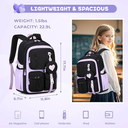 MOONBABY Girls Backpack, Kids Backpack for Girls, School bag for Primary Elementary Teenage, Middle School Students Bookbag - color: Black Purple