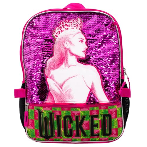 AI ACCESSORY INNOVATIONS Wicked 5 Piece Backpack Set, Galinda & Elphaba Flip Sequin Girls School Bag with Front Zip Pocket, 2 Side Mesh Pockets, Pink & Green - color: Wicked