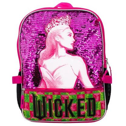 AI ACCESSORY INNOVATIONS Wicked 5 Piece Backpack Set, Galinda & Elphaba Flip Sequin Girls School Bag with Front Zip Pocket, 2 Side Mesh Pockets, Pink & Green - color: Wicked