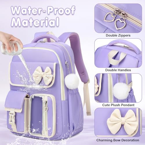 GeeWin Girls Backpack for School with Lunch Box & Pencil Case Set, 17 Inch Waterproof Cute Bow Girls Bookbag for Kids, Teens, Elementary Middle High College School Student (Purple/Beige) - color: Purple Beige