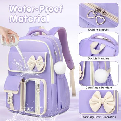 GeeWin Girls Backpack for School with Lunch Box & Pencil Case Set, 17 Inch Waterproof Cute Bow Girls Bookbag for Kids, Teens, Elementary Middle High College School Student (Purple/Beige) - color: Purple Beige