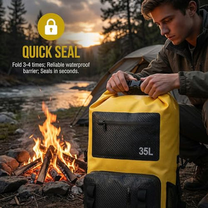 Greencity 100% Waterproof Roll-Top Dry Bag Backpack with Front Splash-Proof Pocket, Lightweight Floating Pack for Kayaking, Hiking & Travel,35L (Yellow-black) - color: Yellow-black
