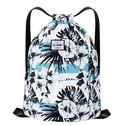 XEYOU Drawstring Sports Backpack Lightweight Gym Yoga Sackpack Shoulder Rucksack Casual Outdoor Daypack for Women and Men | Lightweight - color: Black and White Flower Pattern