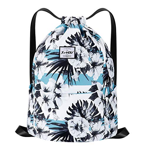 XEYOU Drawstring Sports Backpack Lightweight Gym Yoga Sackpack Shoulder Rucksack Casual Outdoor Daypack for Women and Men | Lightweight - color: Black and White Flower Pattern