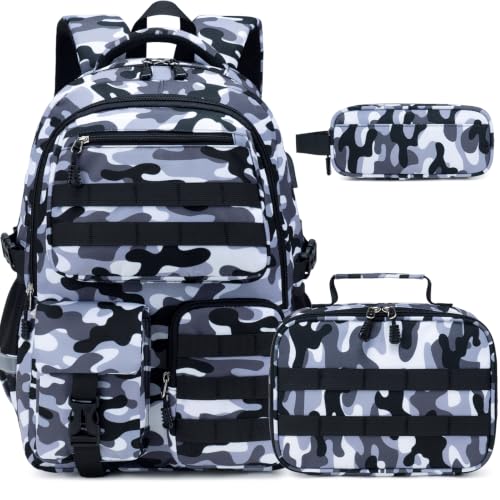 DIGOBAY Camo Backpack for Boys, Tactical Boys Backpack for School, Kids Backpack With Lunch Box Pencil Case USB Charging Port Military Army Book Bags for Boy Teens Kids Elementary Middle High School - color: Black White Camo
