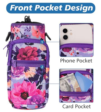 AceTreker 32 40 oz Water Bottle Carrier with Strap, Neoprene Water Bottle Sleeve Bag with 2 Pockets Insulated Flask Sling Holder for Walking Hiking Gym - color: A6. Purple Flower
