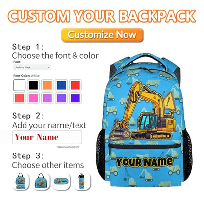 Personalized Toddler Backpack Boys - 17 Inch Excavator Construction Backpacks for Kids, Large Capacity Portable Kindergarten Bookbag Gifts - color: Blue