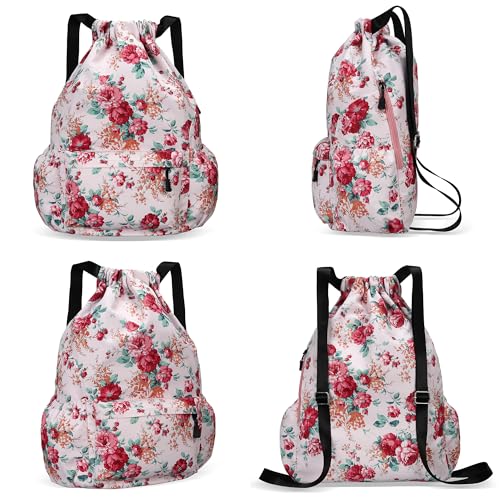 Drawstring Backpack for Women Drawstring Gym Bag Water Resistant Small Cinch Sack Pull String Backpack Bag (Flower-D) - color: Peony
