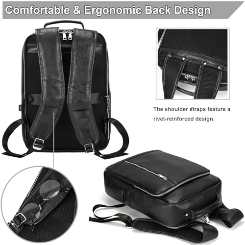 Genuine Leather 15.6 Inch Laptop Backpack for Men, Multi Pocket Slim Daypack Shoulder Bag with Trolley Sleeve for Business Travel (Black) - color: Y80&28y Black