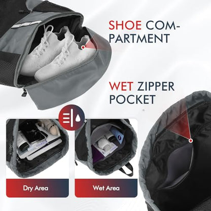 PinCute Drawstring Gym Bag for Men/Women - Mesh Beach Swim Bags Sports Backpack with Wet Pocket&Shoe Compartment, Lightweight - color: Dark Grey