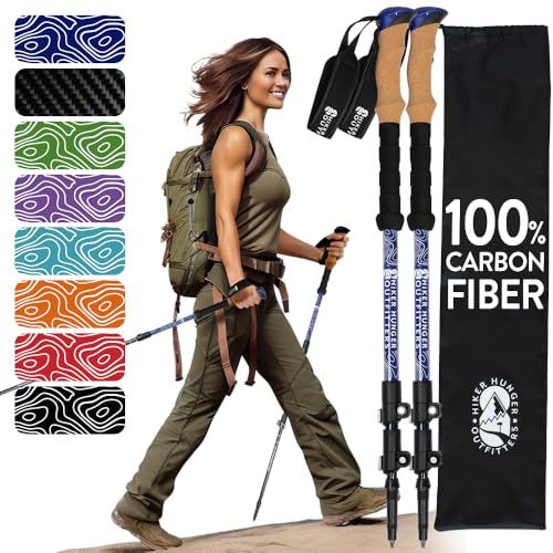 100% Carbon Fiber Trekking Poles by USA Brand - Ultra Strong Lightweight Collapsible Hiking Poles with Cork and EVA Foam Grips & Quick Adjustable Flip Locks - color: Cork - Blue