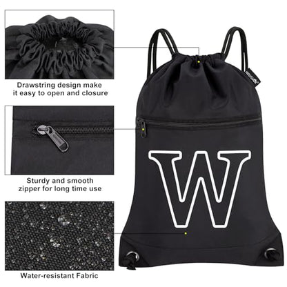 HOLYLUCK Drawstring Bags Initial Backpack Sackpack Cinch Bags for Sports, Gym, Travel, Beach (Black-W) - color: Black-w