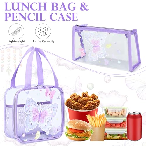 AO ALI VICTORY Clear Backpack for Boys Girls, Kids Backpack Set with Lunch Box Pencil Bag PVC Elementary Laptop Bookbag for School Students See Through Transparent Travel Back Pack, Purple Butterfly - color: Purple Butterfly 3pcs