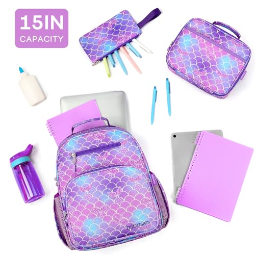 mibasies Girls Backpack with Lunch Box: 3PCS Kids Backpack Set for Kindergarten Elementary - 15 IN Cute Bookbag - Mermaid Tail - color: Mermaid Tail