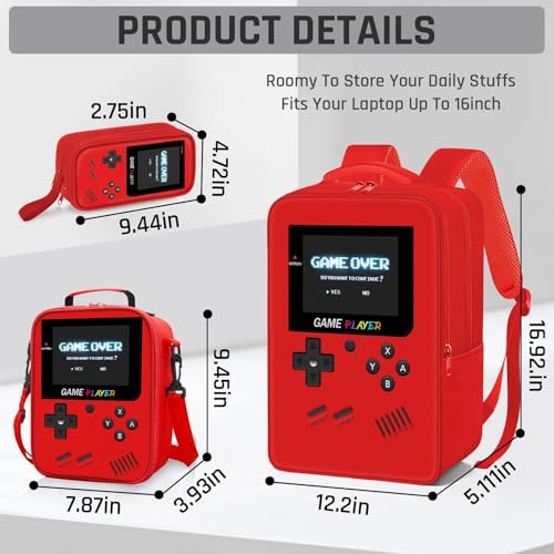 School Backpack for Boys,3pcs Gamer Boys Backpack with Lunch Box Set for Kids Children Teens Elementary Middle School,17" Large Capacity Student Bookbag & Multifunctional Video Game Travel Bag - color: Red-backpack Set