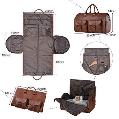 seyfocnia Convertible Travel Garment Bag,Carry on Garment Duffel Bag for Men Women - 2 in 1 Hanging Suitcase Suit Business Travel Bag - color: Brown-2pockets-Leather