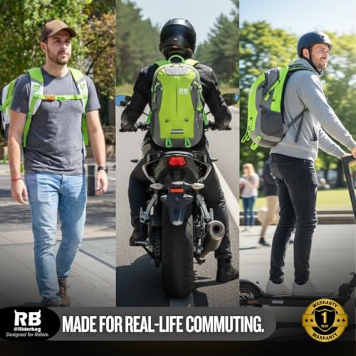 riderbag Reflective Motorcycle Backpack, Hi Viz Commuter Riding Bag | Designed by Riders for Everyday Rides with Laptop Compartment and Helmet Net. Built to Help You Be Seen. - color: Green