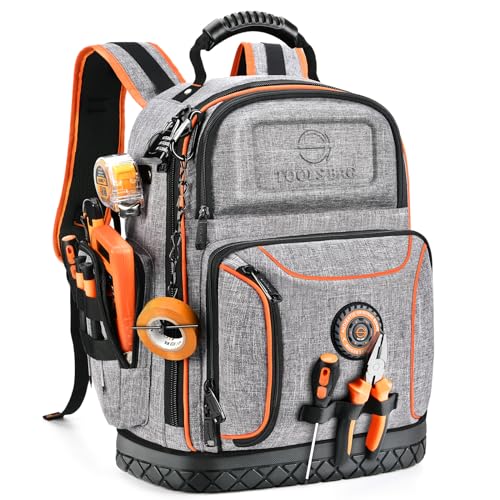 Tool Bag Backpack, 75 Pockets & Loops Heavy Duty Tools Organizer Bags/HVAC Tool Carrier for Eelectrician/Construction Work with Molded Base and Combination Lock, Large, Grey - color: Grey