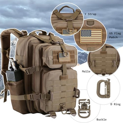 Hannibal Tactical 30L MOLLE Assault Pack, Tactical Backpack Military Army Camping Rucksack with Bottle Holder, 3-Day Pack, Khaki - color: Khaki, size: 30L