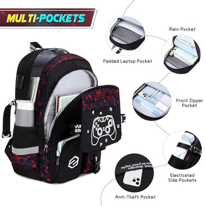 Scothen Boys Backpack, Cool Luminous School Backpacks for Boys with Lunch Bag Pencil Case, Kids Backpack Kindergarten Elementary Middle School Book Bags for Teen Boy Children with USB Charging Port - color: Red Pattern