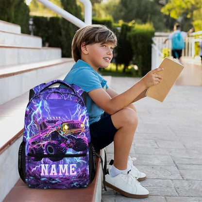 Boys Backpack Truck Backpacks Personalized Name for Kids Toddler, Large Capacity Bookbag for School Travel Outdoor - color: Purple