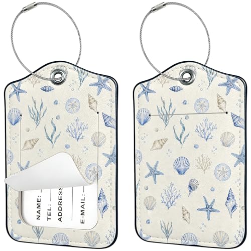 2 PCS Luggage Tags for Suitcases,Cute Blue Starfish PU Leather Name Tag with Privacy Cover&ID Label Address Card and Durable Metal Ring Suitable for Men Women Travel Bag - color: Blue Starfish