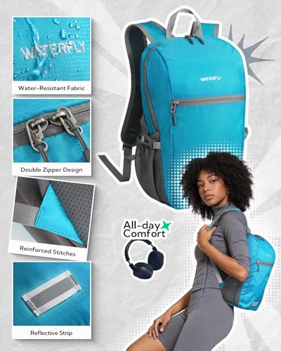 WATERFLY Small Lightweight Packable Backpack: 10L Mini Ultra Light Foldable Travel Sport Cycling Daypack with Breathable Shoulder Strap Outdoor Hiking Walking Day Pack for Women Men - color: Peacock Blue