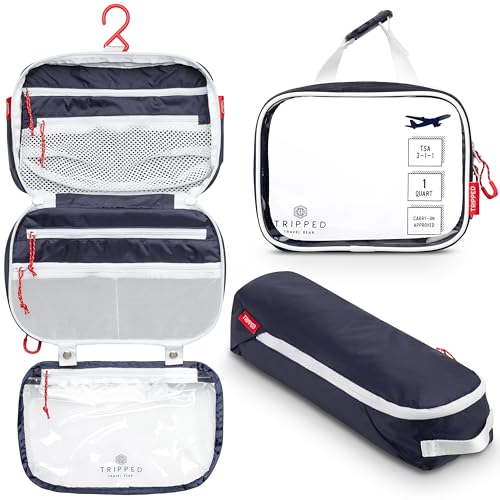 Toiletry Bag Kit 3 Piece Set: Hanging Travel Toiletry Bag + 311 TSA Cosmetic Liquid Bag + Accessory Organizer Pouch - color: Navy