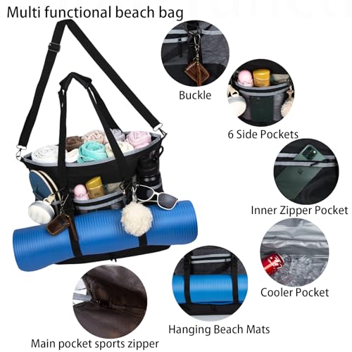 Mesh Beach Bag with Cooler Large Travel Family Vacation Essentials Pool Swimming Zipper Pocket Durable 9 Pockets - color: Black