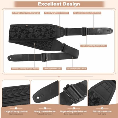 Guitar Bass Strap, Embroidered Electric Guitar Strap, Double Adjustable Buckle, Length Adjustable from 49" to 63", Equipped with 3" 3D Foam Padding, Suitable for Taller Guitarists, Black. - color: Black Embroidery(49"-63")