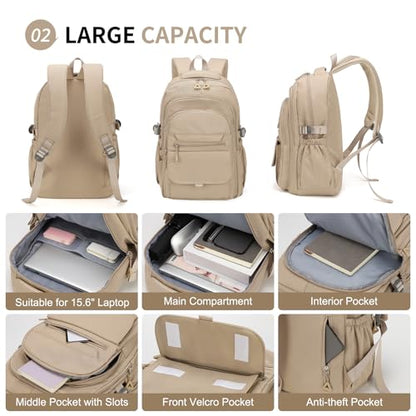 Aesthetic Daypack Backpack, Water-Resistant 15.6" Laptop Backpack for Women and Men, Featuring Touch-Fastener and Anti-Theft Pockets (Khaki) - color: Khaki