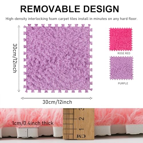 Thickened Plush Foam Interlocking Floor Carpet Mat,24 Piece 12x12in Fluffy Square Puzzle Foam Carpet Tiles with Edgings,Soft Anti-Slip Shaggy Area Rug Playmat(Color:Rose red+Purple) - color: Pink+purple