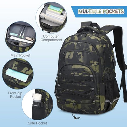 ACESAK Camo Backpack for Boys, Tactical Kids Backpack Boys, School Bags for Boy Children Teens Kids Elementary Middle High School, Military Bookbag and Lunch Bag Pencil Case Set with USB Charging Port - color: Black Camo