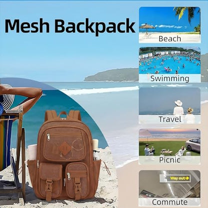 Mesh Backpack for Girls Boys, Women Mesh Bookbags Heavy Duty Semi-Transparent School Bag Net Back Pack for Travel, Beach, Swimming, Work - Coffee - color: Coffee