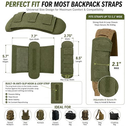 1 Pair Tactical Backpack Shoulder Pads, Thick Shoulder Cushion for Heavy Backpacks Plate Carrier & Rucksack, Fits Straps Up to 2.5", Breathable 3D Mesh, Hook & Loop Fastener, Rucking Hiking & Military - color: Green