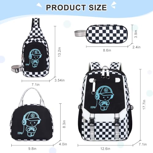 Bevalsa Backpack for Boys, Cool Luminous Boys Backpack with Sling Bag, Lunch Box & Pen Case, School Bags for Kids Children Teens Elementary Middle Schools, Bookbag Glow In The Dark (Checkerboard) - color: Checkerboard