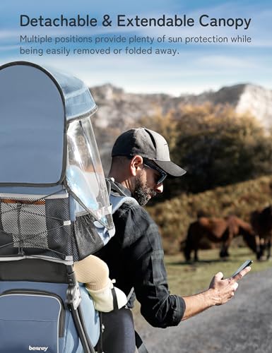 besrey Baby Backpack Carrier, Toddler Hiking Backpack with Safety 3-Height Seat, Adjustable Straps&Waist Belt, Foldable Frame Lightweight Large Capacity Child Carrier for Hiking (Haze Blue) - color: Haze Blue