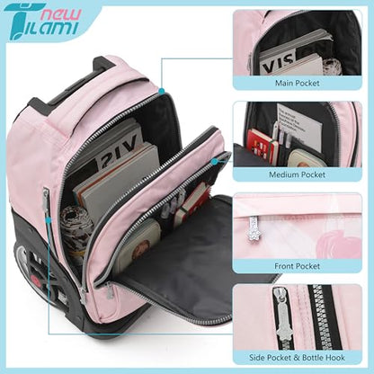NEW TILAMI 19 Inch Rolling Backpack with Lunch Bag for Girls Boys Wheeled Laptop Backpack Durable Carry-on Bag School Travel, Flower Fairy - color: Pink Flower Fairy