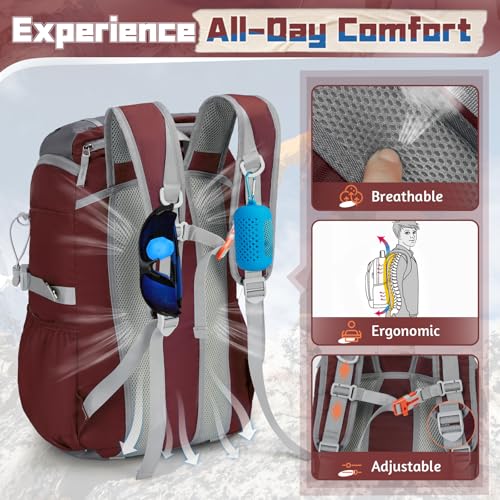 RAINSMORE Foldable Hiking Backpack for Women Men Packable Camping Backpack 40L Waterproof Hiking Daypack Bag Lightweight Collapsible Daypack for Travel Trekking Mountaineering Large Capacity Red - color: Dark Red and Grey