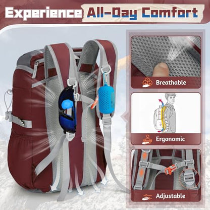 RAINSMORE Foldable Hiking Backpack for Women Men Packable Camping Backpack 40L Waterproof Hiking Daypack Bag Lightweight Collapsible Daypack for Travel Trekking Mountaineering Large Capacity Red - color: Dark Red and Grey