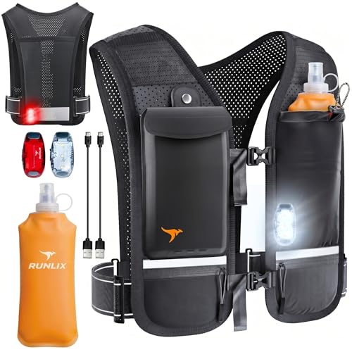 Running Vest for Women Men-Reflective Running Hydration Vest with 500ml Soft Water Bottle, Phone Holder, 2 LED Lights USB Rechargeable-7 Pockets Runners Backpack Marathon - size: Medium-Large