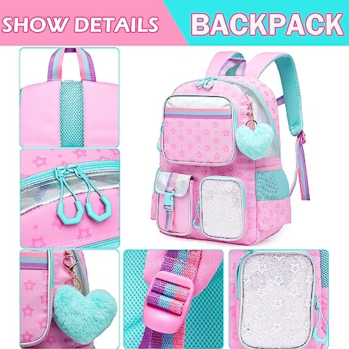 Meetbelify Pink School Backpack with Lunch Box & Pencil Case for Elementary to Teen Girls, Cute Aesthetic Kids Bookbag 8-10 - color: Star Pink 3pcs