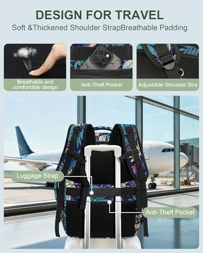 Travel Carry On 17.5" Laptop Expandable Backpack for Men Women, Personal Item Bag Waterproof Airline Approved with USB Charging Hole 3 Packing Cubes, Large Weekender Daypack Business Luggage Suitcase - color: Tropical Leaves, size: Expandable