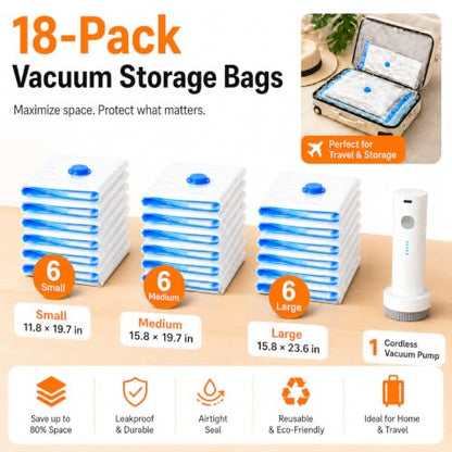 18 Pack Vacuum Bags for Travel with Rechargeable Pump, Save Luggage Space - color: Clear, size: 18 Combo
