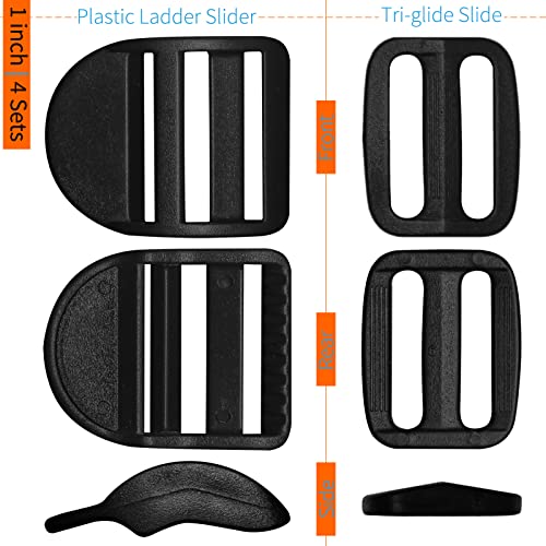 LASIGHT 4 Pack Slider Ladder Lock Buckle and Tri-glide Slide for 3/4", 1", 1-1/4", 1-1/2", 2" Webbing Strap - style: Fit 1" Webbing