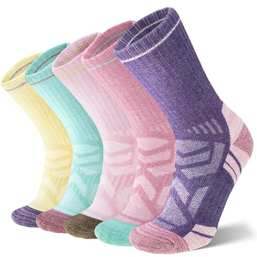 ANTSANG Merino Wool Hiking Socks, Enhanced Breathability, Targeted Cushion Thermal Socks for Men and Women, 5 Pairs - color: Yellow/Green/Purple/Pink, size: Medium