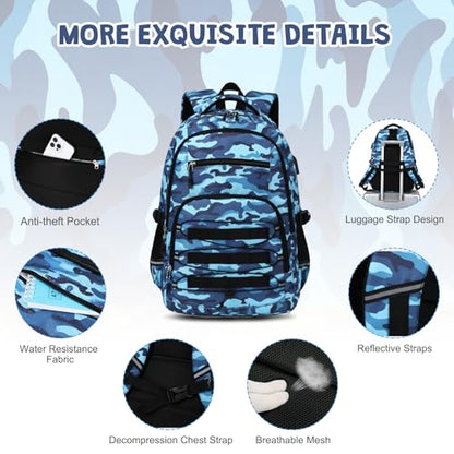 ACESAK Camo Backpack for Boys, Tactical Kids Backpack Boys, School Bags for Boy Children Teens Kids Elementary Middle High School, Military Bookbag and Lunch Bag Pencil Case Set with USB Charging Port - color: Camo Blue