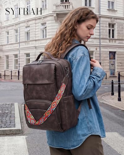 SYTRAH Leather Laptop Backpack, 15.6 Inch Business Computer Bag, Designer College Backpack Travel Backpack with Colorful Shoulder Bag Strap Dark Coffee - color: Dark Coffee