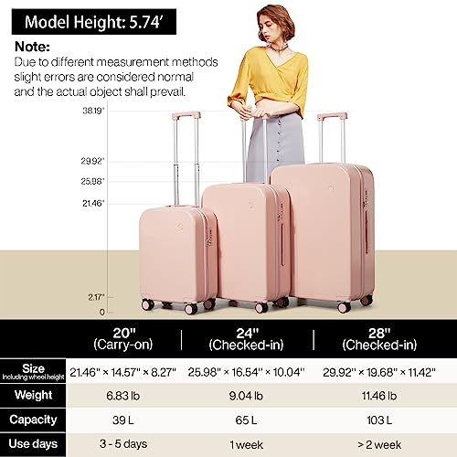 mixi Carry on Luggage, 20'' Suitcase Spinner Wheels Luggage Hardshell Lightweight Rolling Suitcases PC with Cover & TSA Lock for Business Travel, Pink - color: Pink, size: 20in Carry on